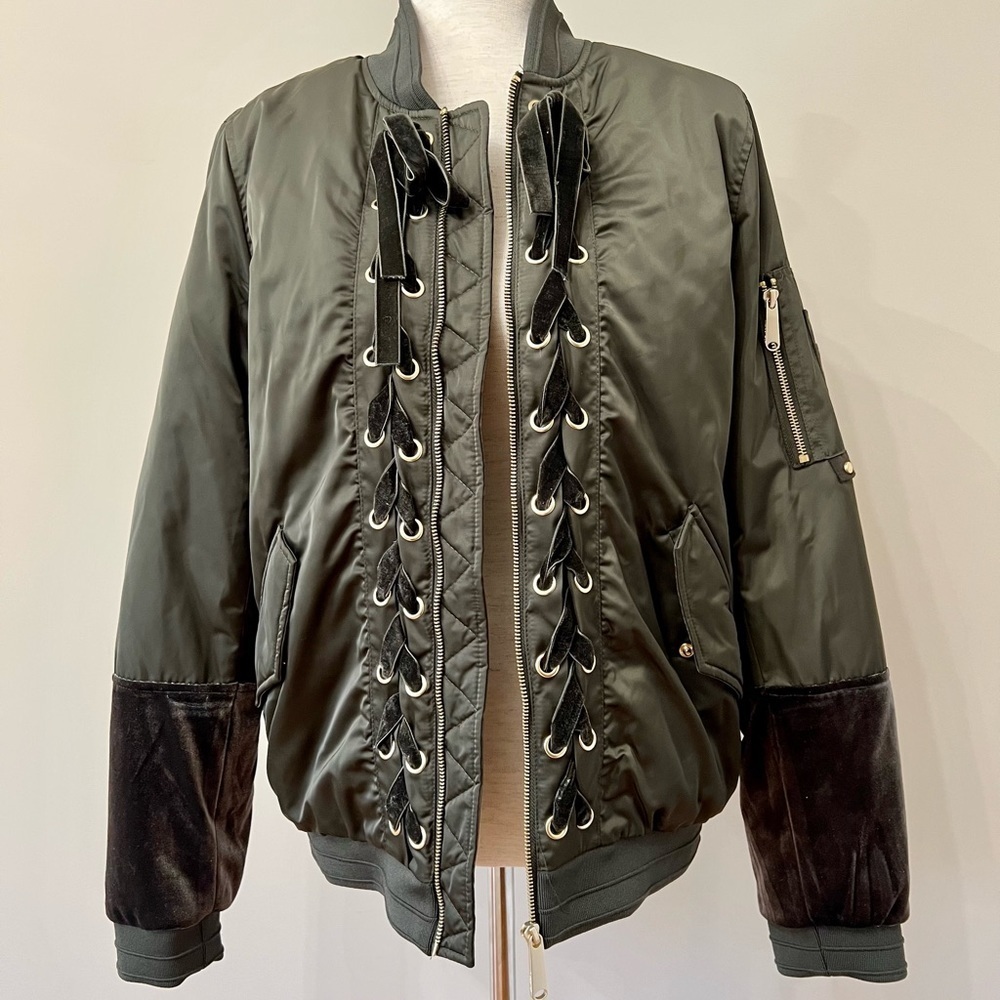 Sam Edelman Lace Up Velvet Trim Bomber Jacket Size M​​​​